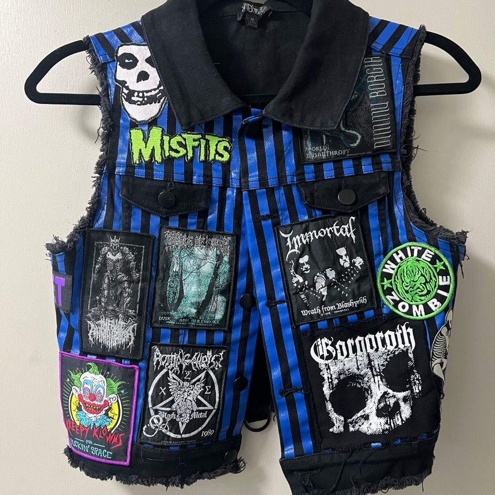Striped Black and Blue Battle Vest with Heavy Metal/Punk Patches